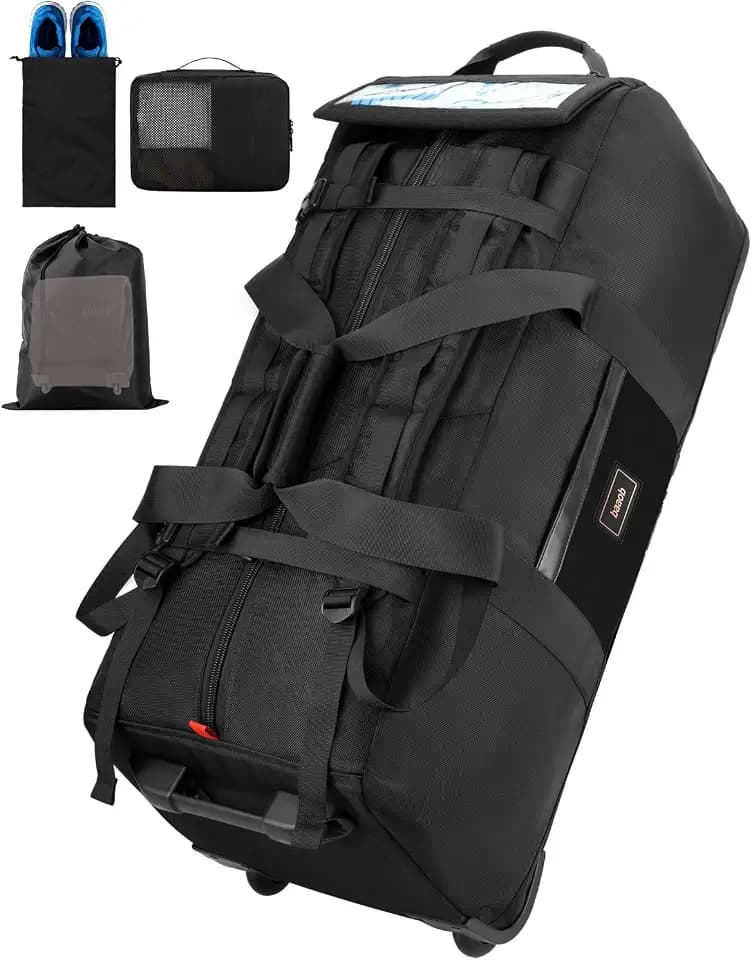 90L Rolling Duffel Bag with Wheels, 4-Way Carry, Foldable, Black