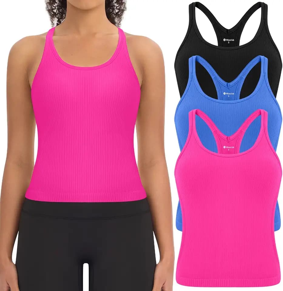 3 Pack Ribbed Workout Crop Tank Tops with Built in Bra for Women