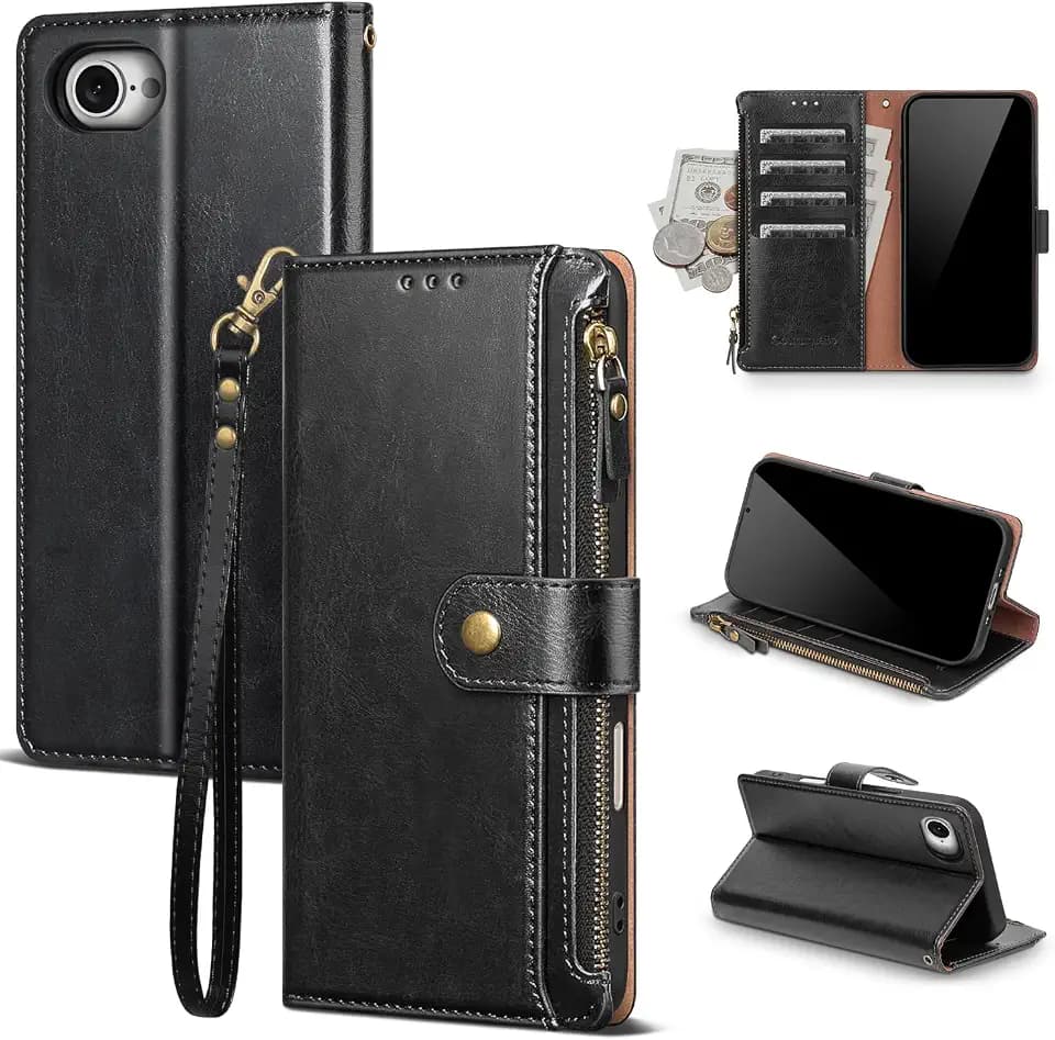 Compatible with iPhone 17e / 16e Wallet Case with Card Holder RFID Blocking Zipper Poket PU Leather Flip Phone Case with Wrist Strap Credit Card Slots Men Women,Black