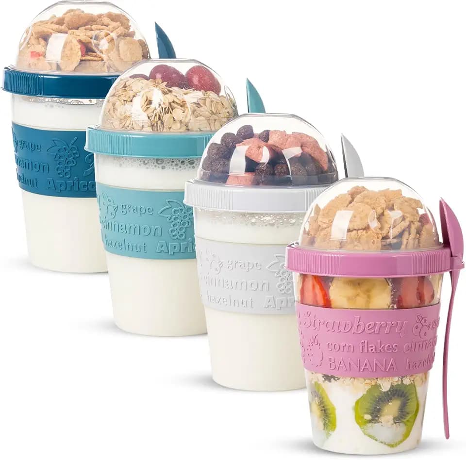 4 Pack Reusable On The Go Yogurt Parfait Cups, Breakfast Plastic Containers with Lids and Spoons, Perfect Jars for Overnight Oats Cereal Granola Oatmeal Smoothies and Snack Prep