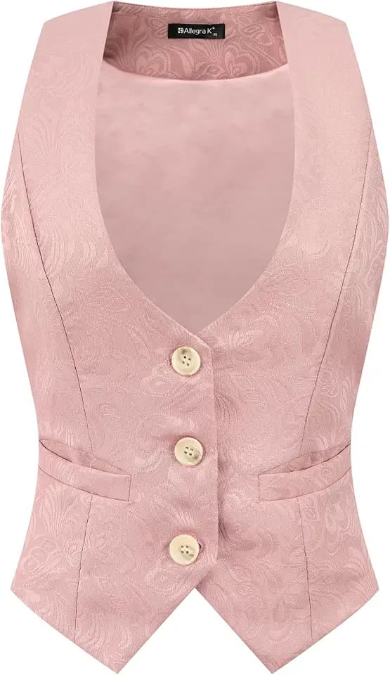 Allegra K Damen Anzugweste Ärmellos Gilet Knopfleiste Jacquard Vintage Weste