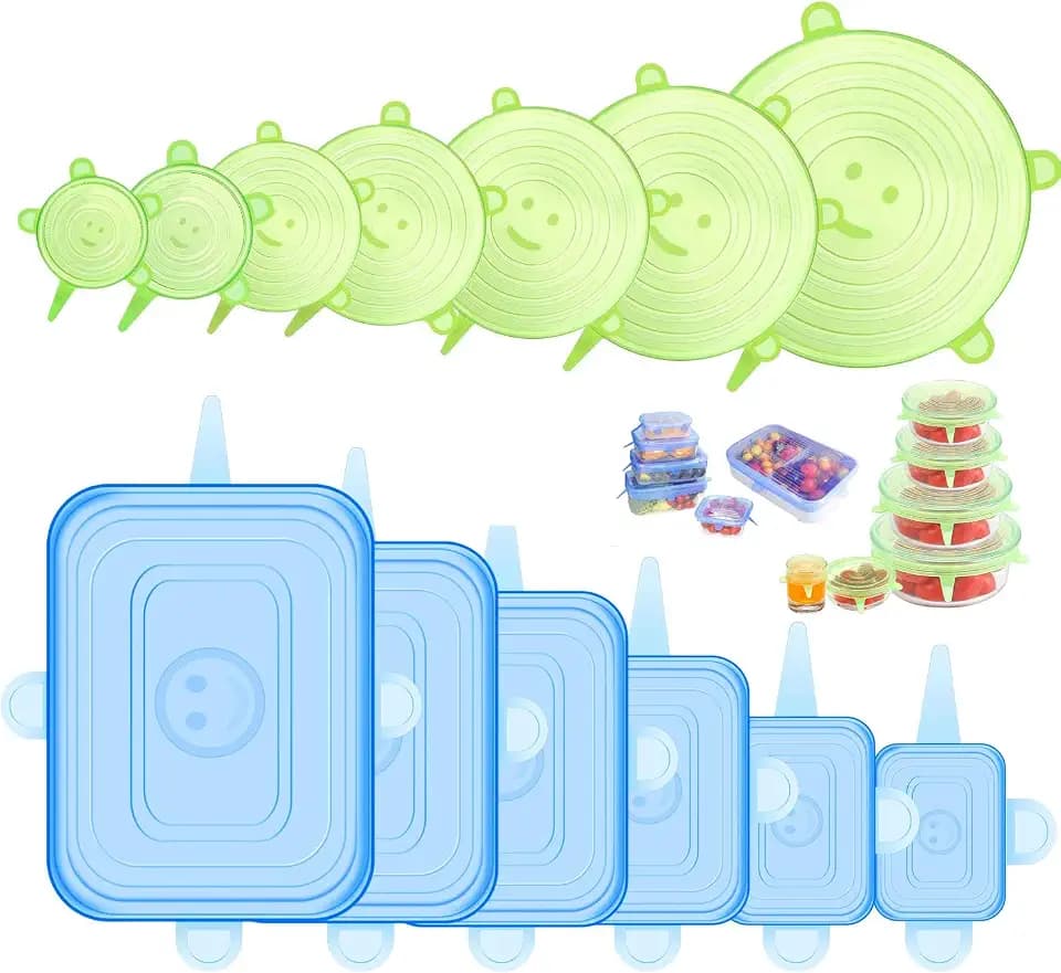 Silicone Stretch Lids for Food Storage in Fridge, 12 Pack Silicone Lids, Reusable Food Grade Silicone Bowl Covers for Cups, Bowls and Dish, 6 Sizes Round and Rectangle Shape