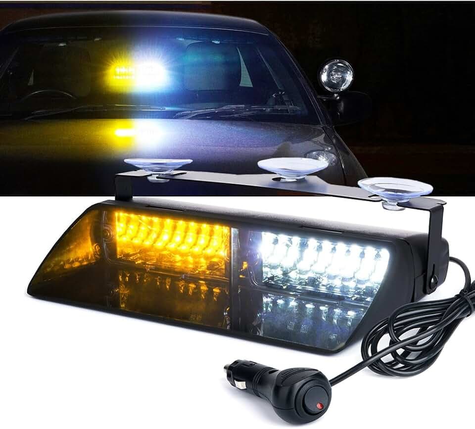 Xprite Amber White Emergency Strobe Dash Lights, Interior Windshield Safety Warning Traffic Lights w/Suction Cups, Visor Light Bar for Construction Towing Snow Plow Pickup Work Trucks