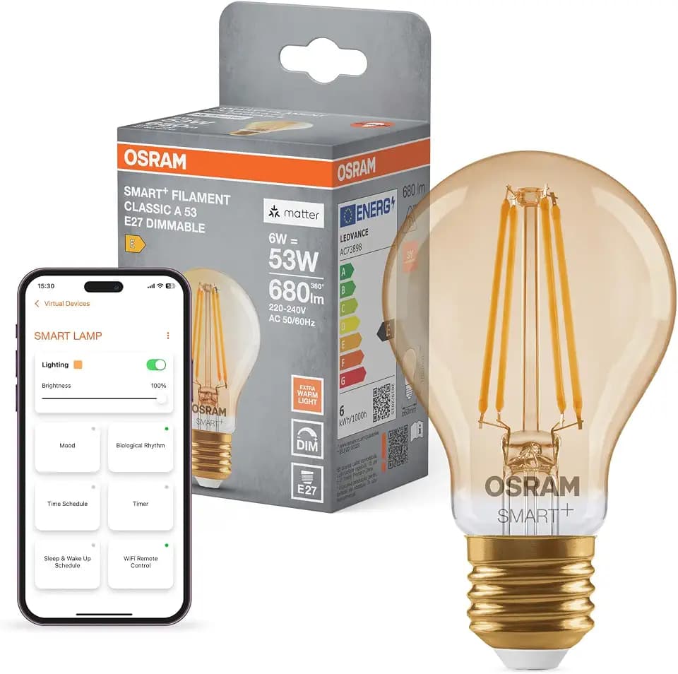 Osram SMART+ LED-Lampe, A53, 6W, 2400K, E27, Kolbenform, Filament, Gold, dimmbar, steuerbar per App oder Sprache, kompatibel mit Matter-Systemen