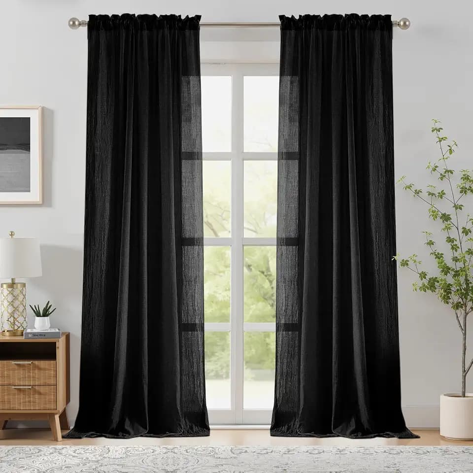 Melodieux Black Sheer Curtains 72 Inches Long for Bedroom, Natural Light Filtering Cotton Linen Textured Window Sheer Curtains Living Room Rustic Voile Drapes Rod Pocket, 52" W x 72" L, 2 Panels