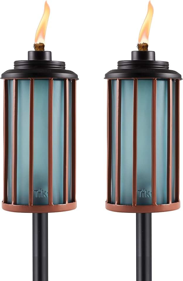 TIKI 2-Pack Retro Stripe Glass Torches, 65-Inch Outdoor Decorative Torches for Patio, Backyard & Garden, Easy Install with Refillable Canister, Long-Lasting Wick & Snuffer, Blue & Copper