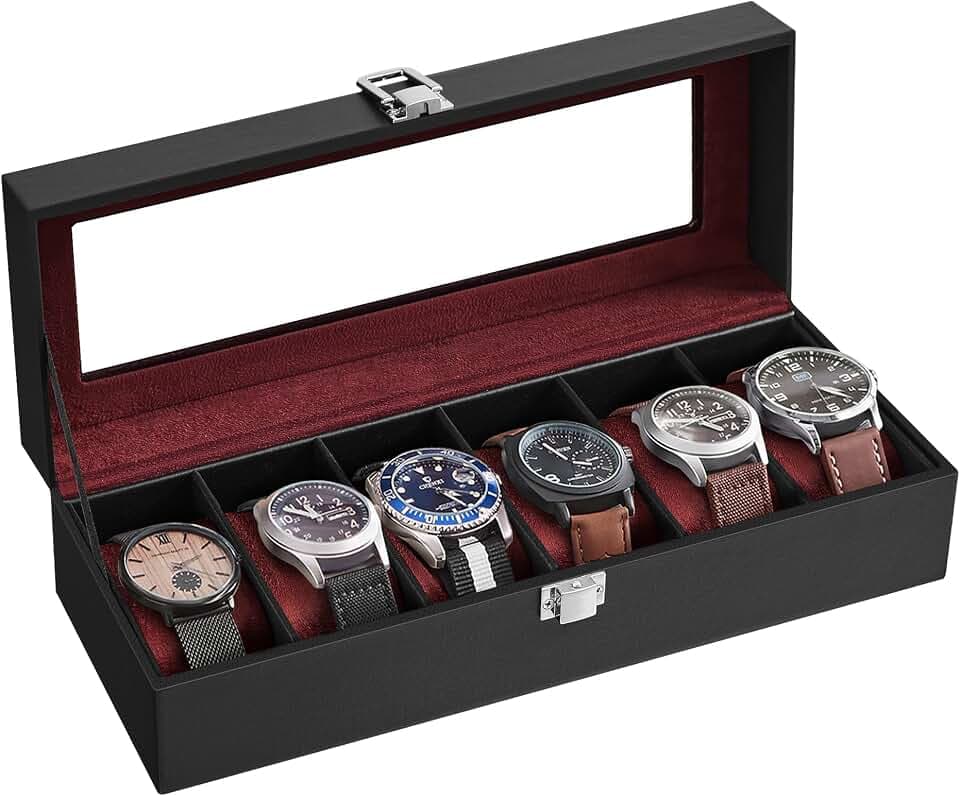 SONGMICS Uhrenbox mit 6 Fächern, Glasdeckel, herausnehmbare Uhrenkissen