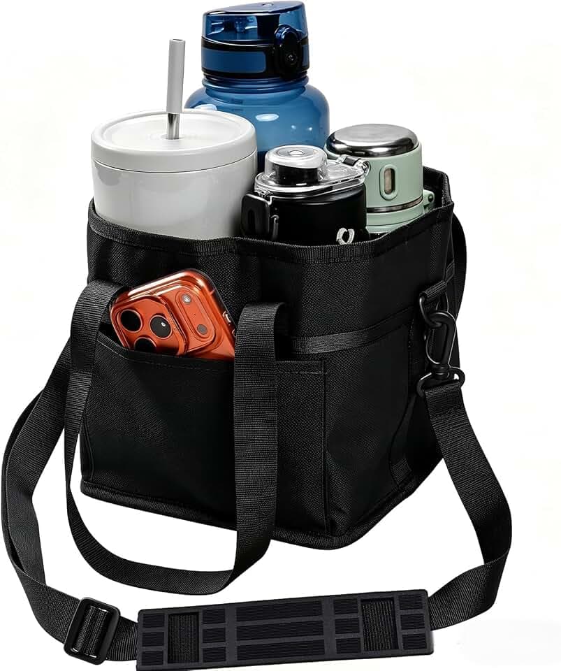 Drink Carrier Bag, 4 Compartment Drink Bag, Insulated 4 Cup Holder Bag with Handle &Strap, Family Multi Tumbler, Water Bottle Carrier Caddy, Reusable Beverage Carrier Tote for Travel (Black) (Black)