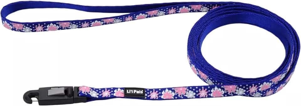 Coastal - Li’l Pals Reflective Leash - Extra-Narrow Width and E-Z Snap - Blue with Pink and White Flower and Dots Pattern - 3/8" x 6’