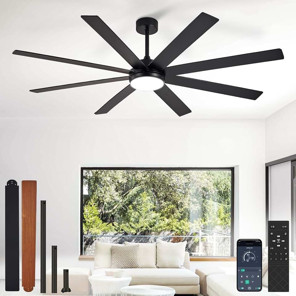 Depuley Deckenventilator 66 Zoll mit Beleuchtung: Deckenventilator schwarz für Außenterrassen – großer Ventilator mit 8 Flügeln mit Beleuchtung und Steuerung über mobile App