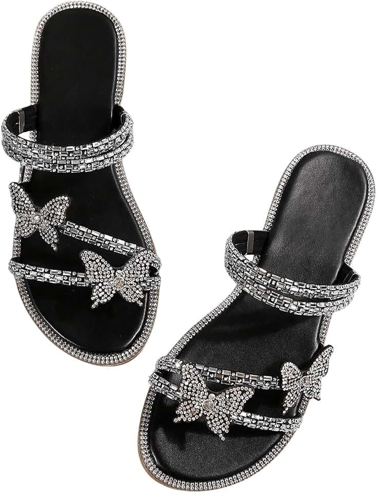 OYOANGLE Women's Silver Rhinestone Sandals Sparkly Dressy Flat Sandals
