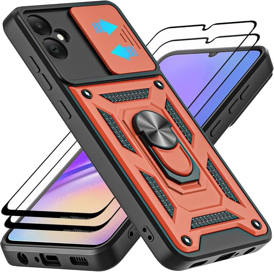 for Samsung Galaxy A05 Case, with Tempered Glass Screen Protector [2 Pcs] & Slide Camera Cover, 360°Rotation Ring Kickstand [Military Grade] Case (Rose Gold)