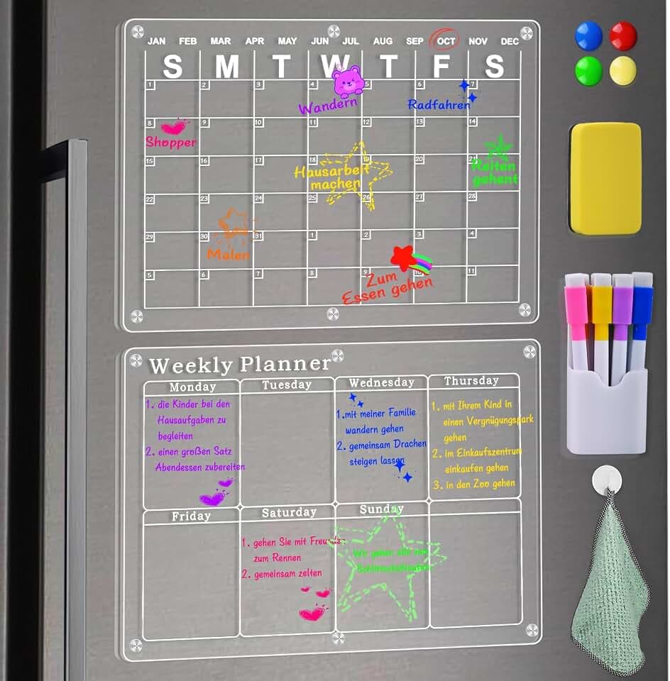 2 Stück Wöchentliche Menü Tafel,40 cm x 30 cm Monatsplaner Abwischbar,Transparente Magnettafel Kühlschrank,mit 8 Markers und Schwamm, Wochenplaner Magnetisch für Menüplanung Und Einkaufsliste