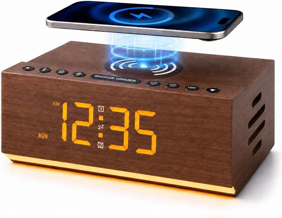 Hoifen Wooden Digital Alarm Clock, Wireless Charging & Bluetooth Speaker