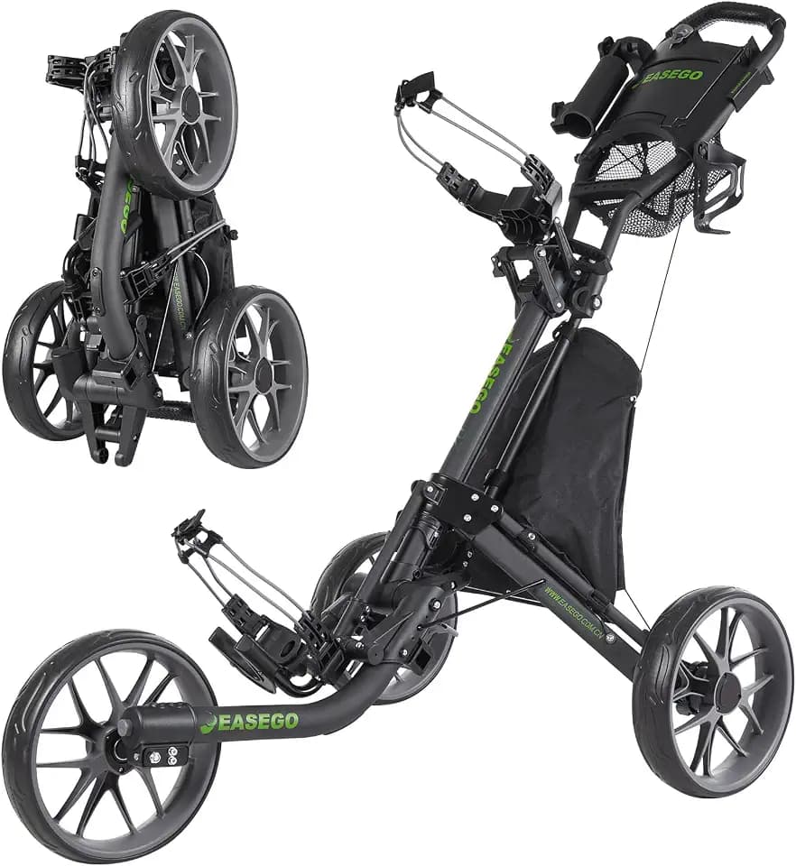 EASEGO Golf Push Cart 3 Wheel : Golf Bag Cart Foldable with Phone Holder/Cup/Umbrella Holder Compact Golf Pull Carts Quick Fold Golf Caddy Push Carts for Different Terrain