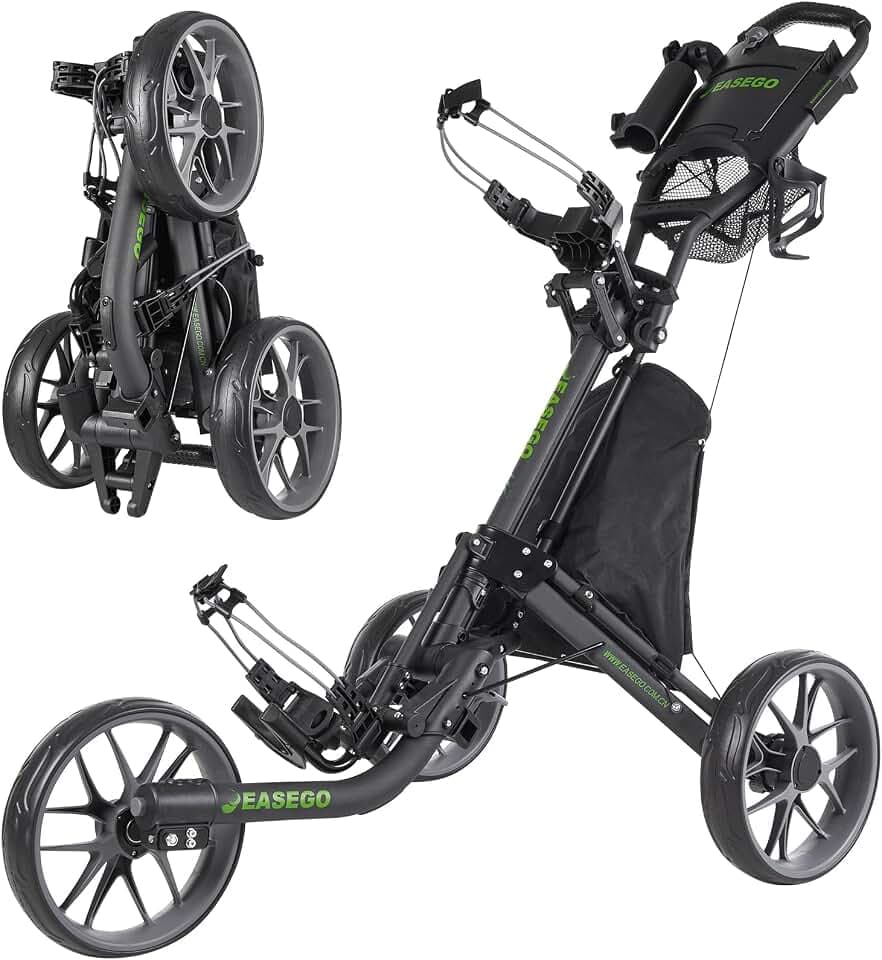 EASEGO Golf Push Cart 3 Wheel : Golf Bag Cart Foldable with Phone Holder/Cup/Umbrella Holder Compact Golf Pull Carts Quick Fold Golf Caddy Push Carts for Different Terrain