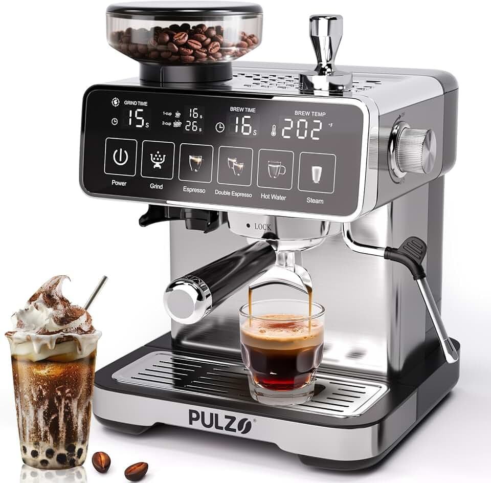 PULZO Espresso Machine with Grinder, 20 Bar, 20 Grind Setting, Touch Screen