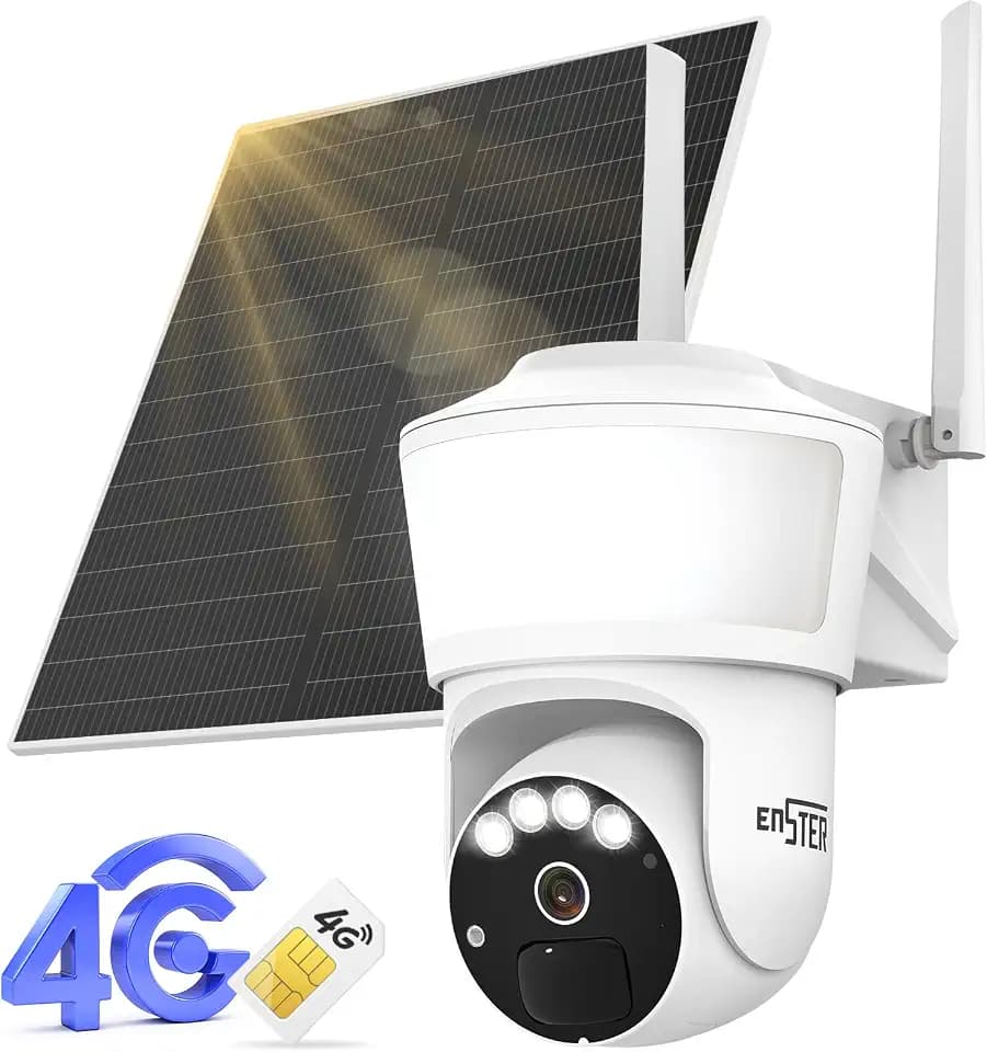 ENSTER 4G LTE Cellular Solar Security Camera, No WiFi Solar Powered Floodlight Camera 10000mAh Outdoor Security Camera Wireless with SIM Card, 360° PTZ, Color Night Vision, Siren Alarm