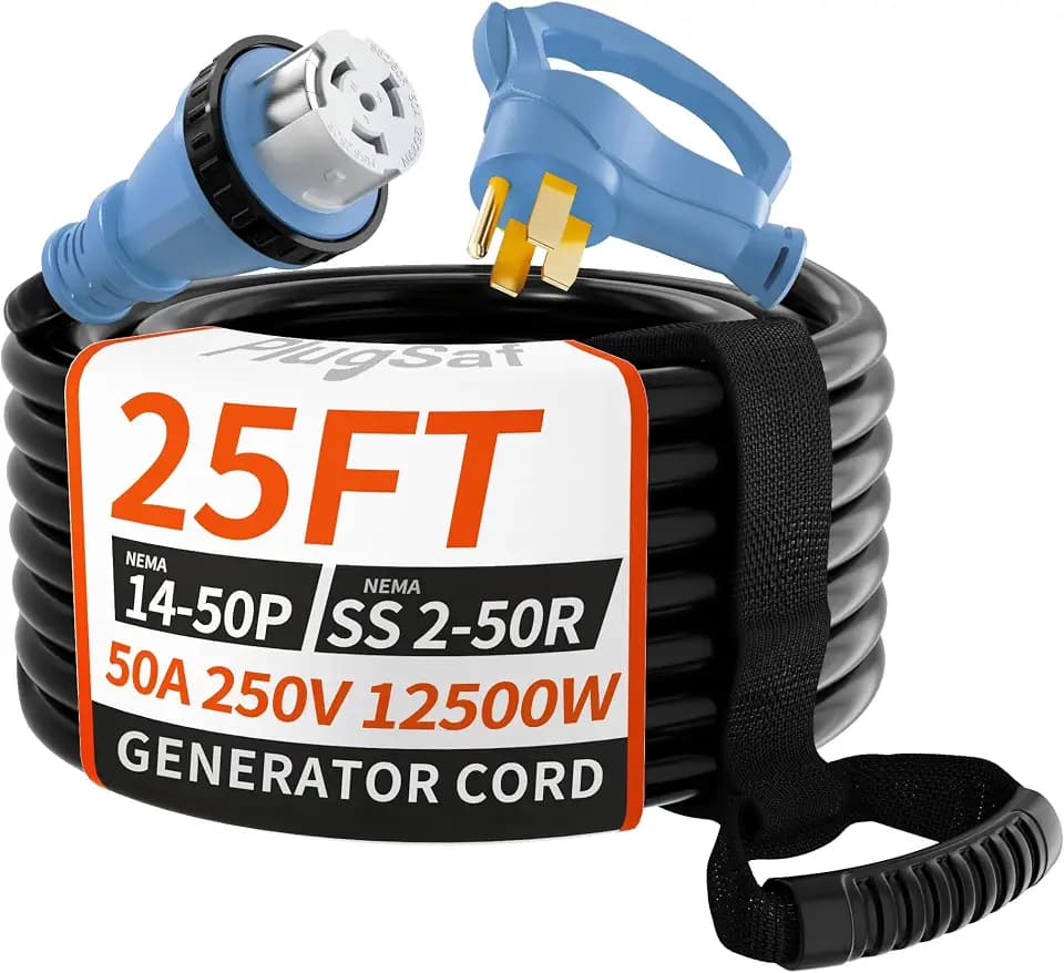 PlugSaf 50 Amp Generator Cord, 25FT 50 Amp RV Extension Cord 14-50P/SS2-50R