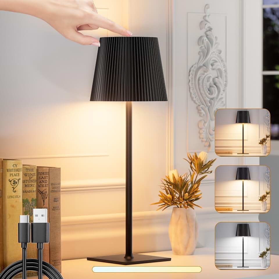 skelo LED Tischlampe Kabellos Dimmbare Touch LED Akku Tischlampe Höhenverstellbar 3 Farbtemperatur IP54 4000mAh Für drinnen und draußen geeignet Wiederaufladbar USB-C Metallmaterial Schwarz