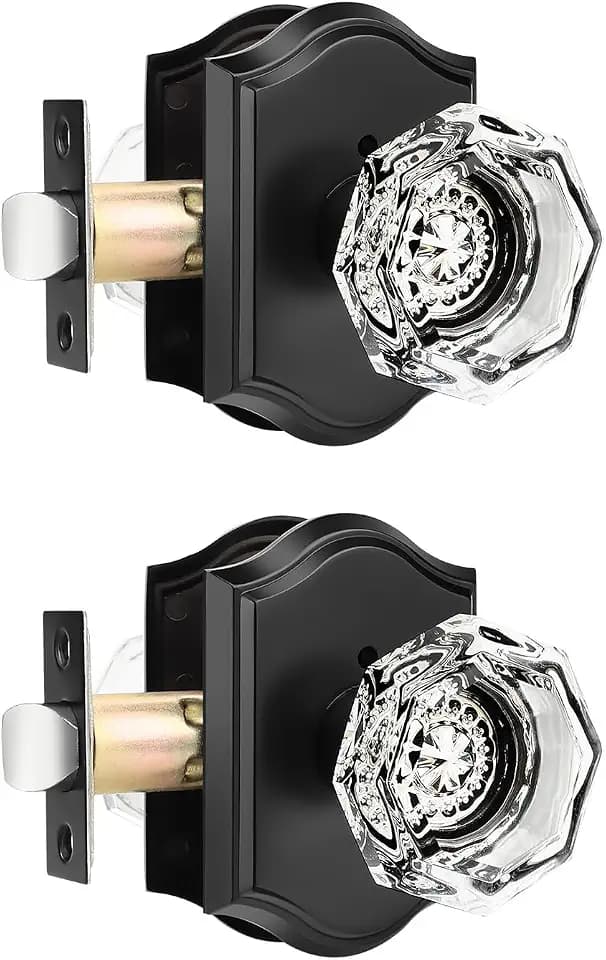 Gobrico Vintage Octagon Door Knobs 2 Pack,Crystal Glass Bed/Bath Door Locks,Interior Privacy Door Knobsets Handles,Matte Black Arched Rosette