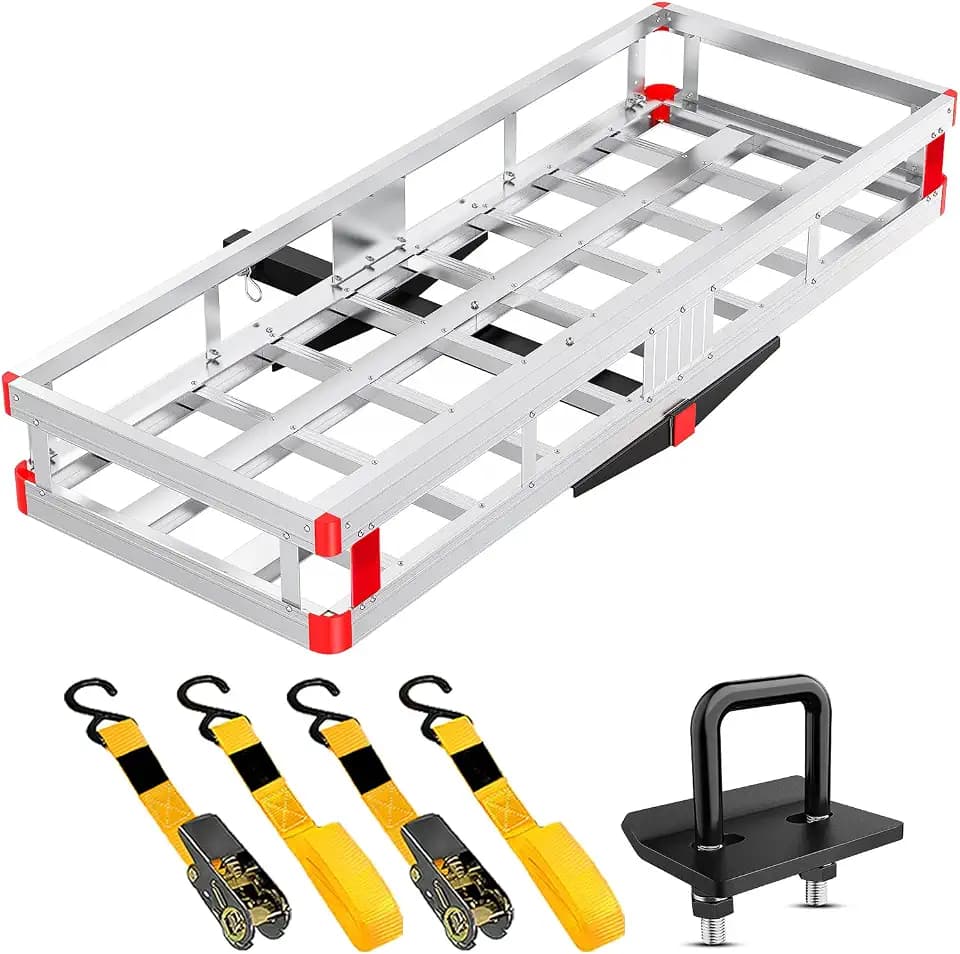 Nilight Aluminum Hitch Cargo Carrier 60" x 22" with 7" Side Rail inclu. Ratchet Straps & Stabilizer, 500 lbs Cargo Basket for 2" Receiver, Lightweight Rust Resistant Rear Luggage Rack for SUV Truck