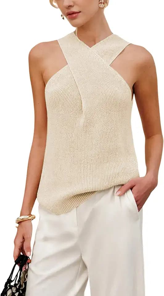 Yeokou Women Halter Cross Over Collar Tank Knit Sleeveless Top Solid Color Casual Summer Blouse
