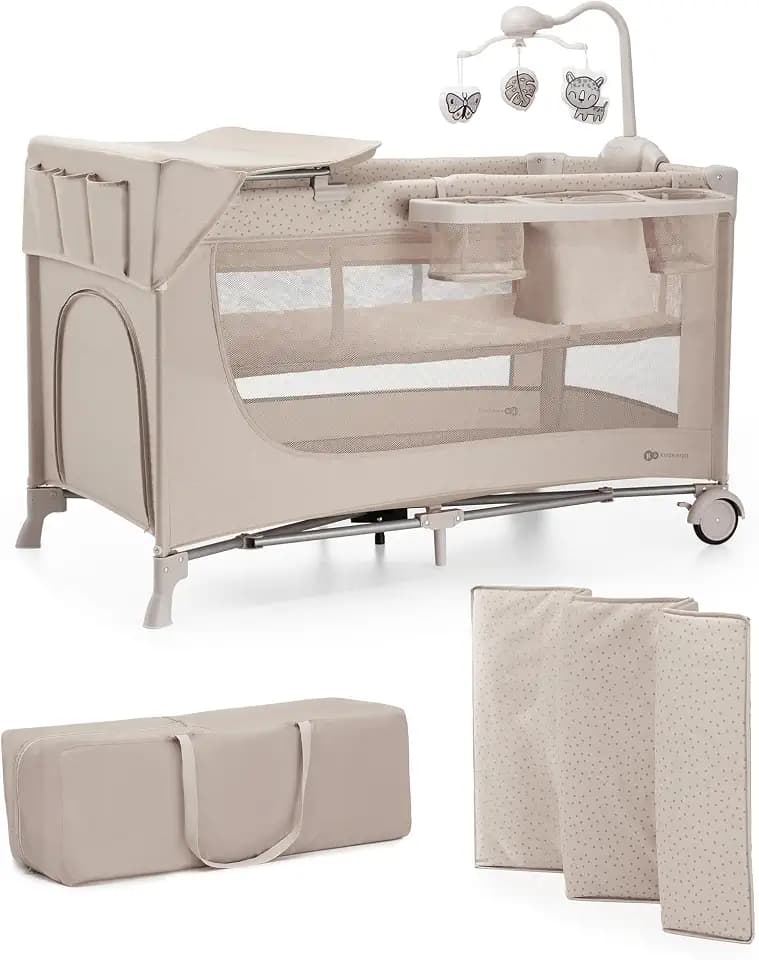 Kinderkraft Joy 2 Acc Kinderbett, 3 in 1 Kinderreisebett, Babybetten, Kinderbett, Reisebett, Modernes Design, Kleine Abmessungen nach Zusammenklappe, Praktisches Zubehör, Räder, Beige