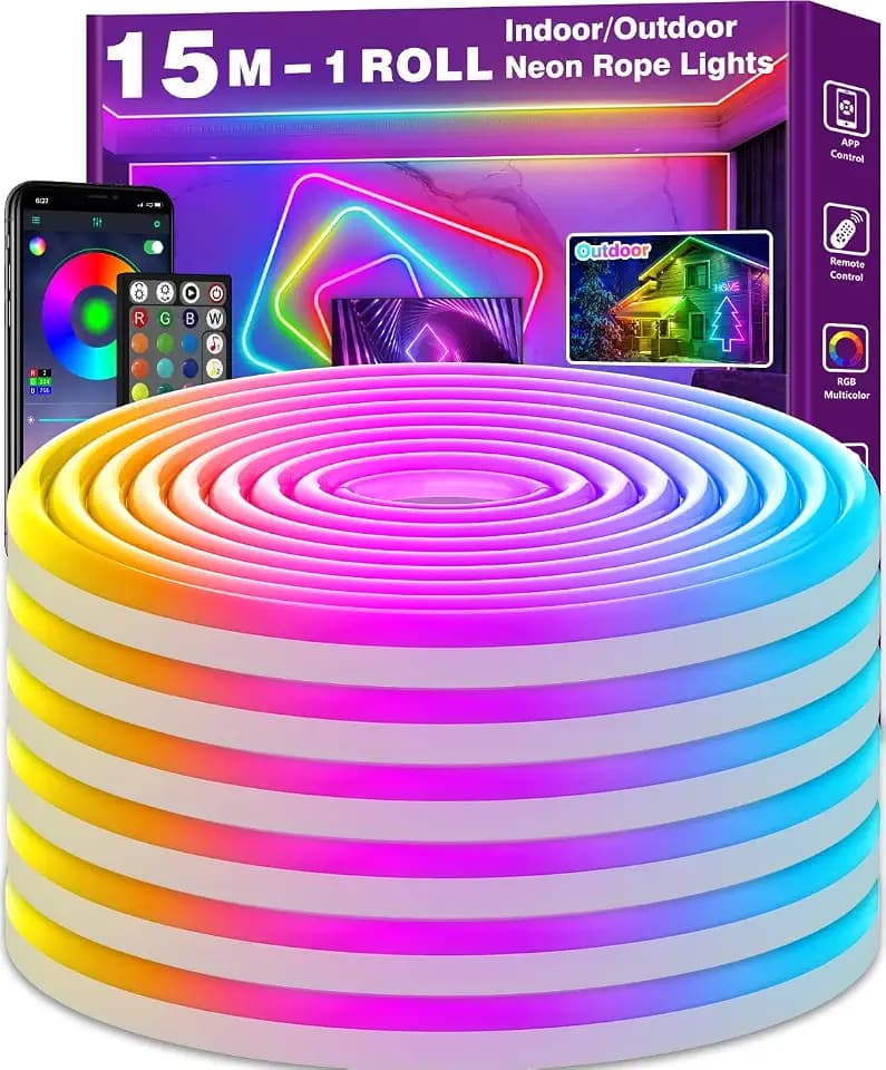 AILBTON 15m/50Ft LED Neon Seillichter, Steuerung mit App/Fernbedienung, Flexibles LED Seillicht, Mehrere Modi, IP65 Outdoor RGB Neonlichter Wasserdicht