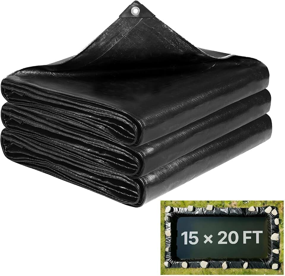 VEVOR 15 x 20 ft Pond Liner, 14 Mil Thickness, 3-Layer Reinforced PE Fish Koi Pond Liner for Outdoor Ponds, with Hemmed Edge and 4 Metal Buttonholes, for Water Garden, Waterfall, and Fountains, Black