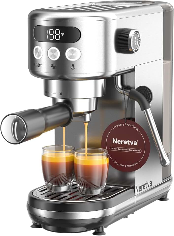 Neretva 20 Bar Siebträgermaschine klein Espressomaschine Edelstahl | Professionelle Siebträger Kaffeemaschine mit LED-Anzeige & Starker Milchschäumer für Barista/Espresso/Latte und Cappuccino