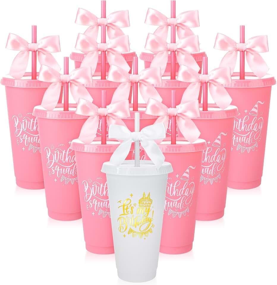 12 Pcs Birthday Party Plastic Cup with Lids Straws and Bows White