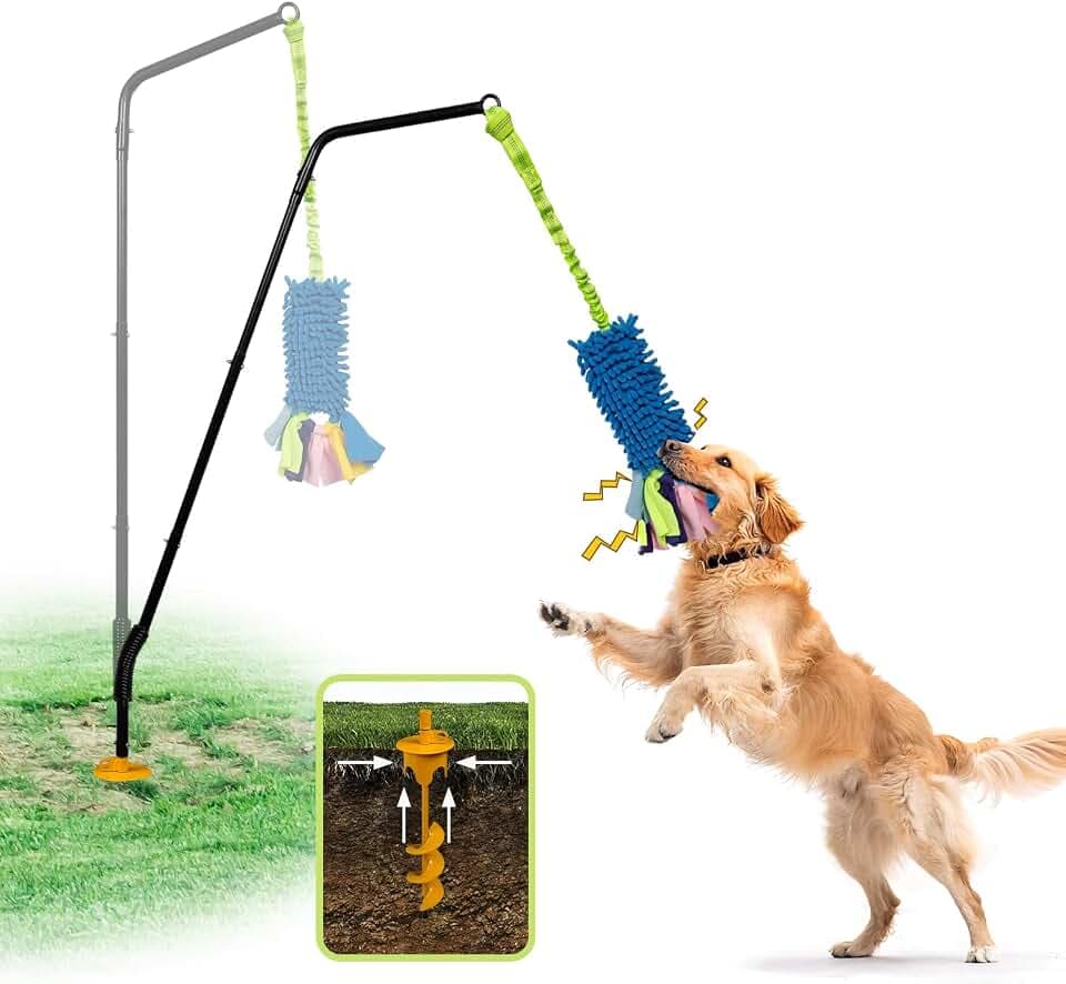 Heavy Duty Dog Spring Pole with Screw-In Ground Anchor & 360° Swivel, Adjustable Height 30-49", Durable Outdoor Tug Toy System with Bungee Squeak Rope for Large & High Energy Dog Training