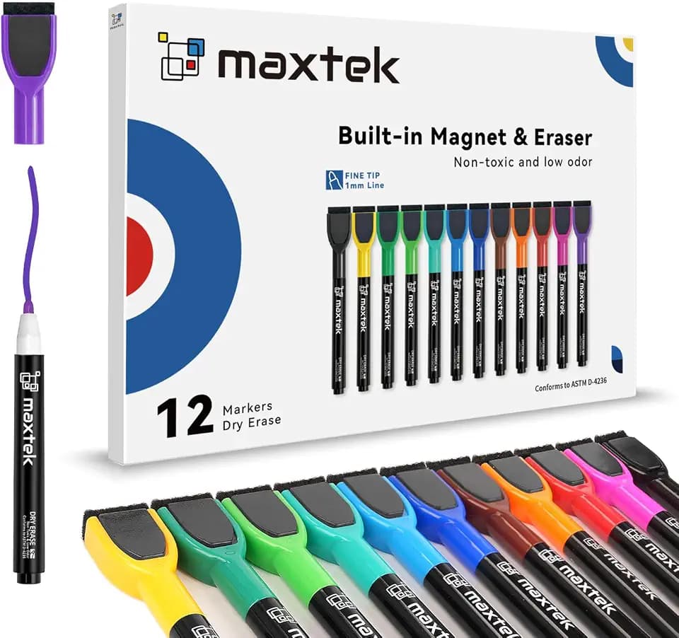 maxtek Magnetische Whiteboard Marker, 12 Farben Stifte abwischbar mit Radiergummi, Feinspitze 1–2 mm Linienbreite, Folienstifte für Zuhause, Schule & Büro (12 Stück)