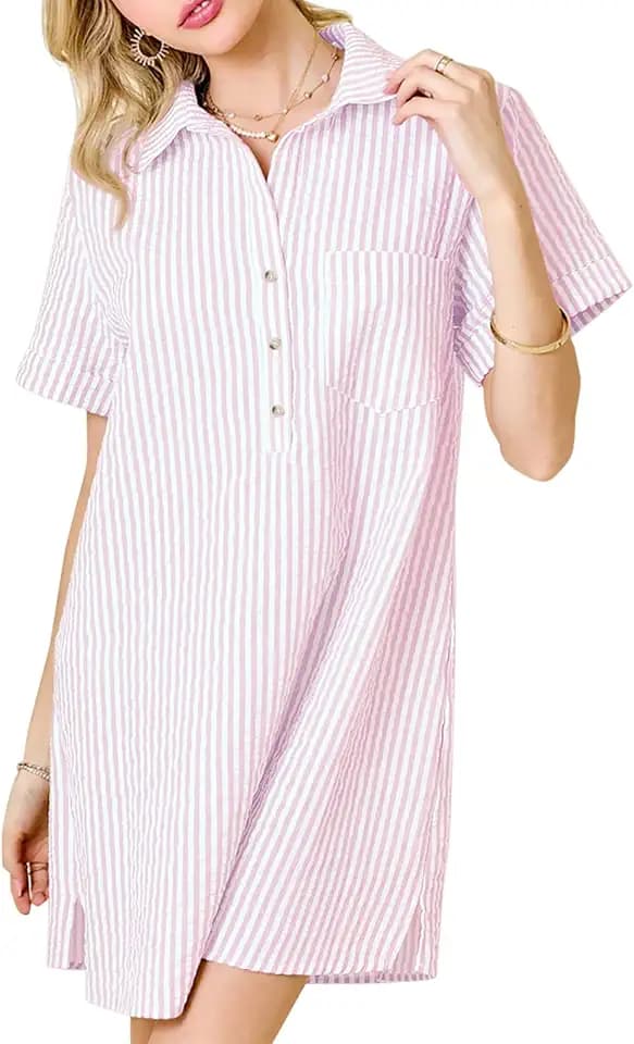 Womens Striped T Shirt Dress with Pockets, Casual Midi Shift Dress