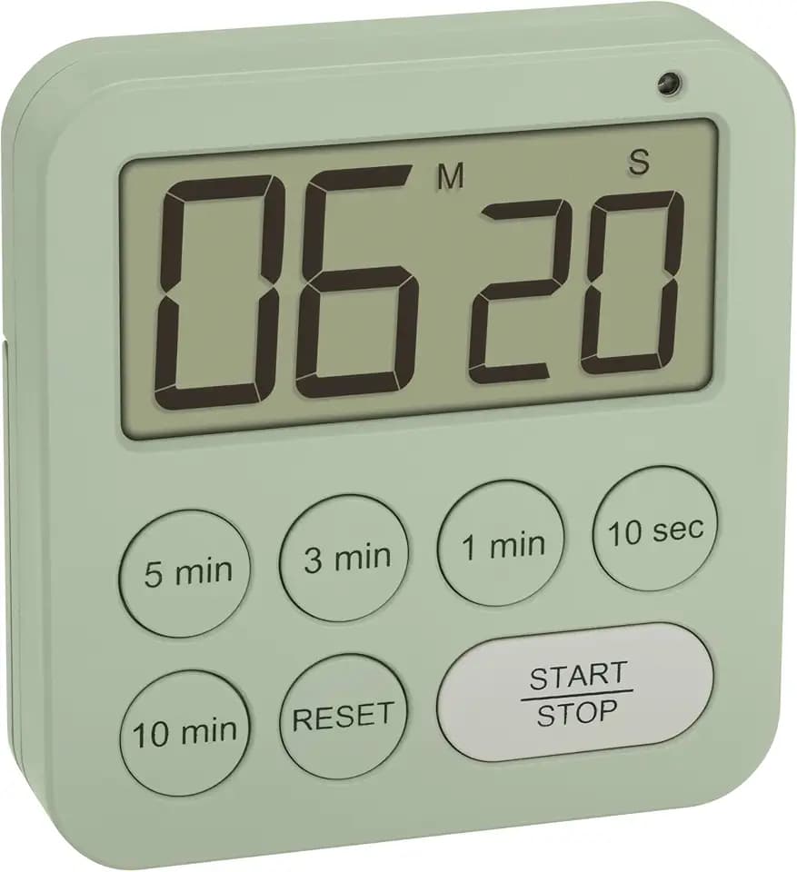 TFA Dostmann Digitaler Timer zum Sport/Küche/Lernen, 38.2056, inklusive Stoppuhr, magnetisch, mit 3 Lautstärke Stufen, Schnellauswahl, großes Display, Visuelles LED Warnlicht, Eieruhr, grün