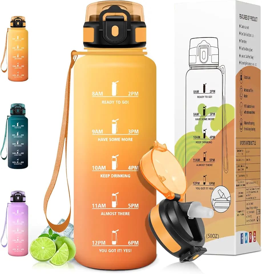 Motswedi Trinkflasche 1.5l, mit Strohhalm, Trinkflasche Kohlensäure Geeignet, Auslaufsicheres, Wasserflasche, Flasche Mit Zeitstempel, Wasserflasche für Fahrrad, Dunkelblau, Bernsteingelb & Orange