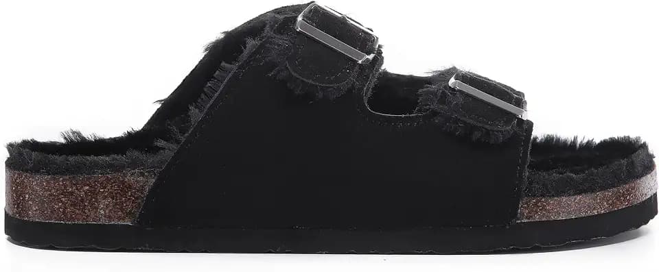 Faux Suede Twin Strap Big Buckle Suede Slide Sandals for Women – Cozy Double Strap Slip-On with Adjustable Buckles & Cork Footbed – Soft House Sandals for Indoor & Outdoor Comfort