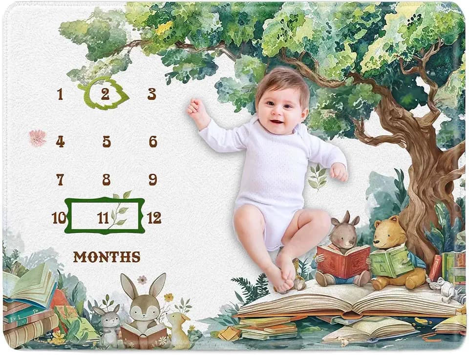 New Chapter Baby Milestone Blanket, Storybook Animal Monthly Growth Mat with 2 Photo Frames, Newborn Photography Prop, Baby Shower Decorations and Nursery Keepsake
