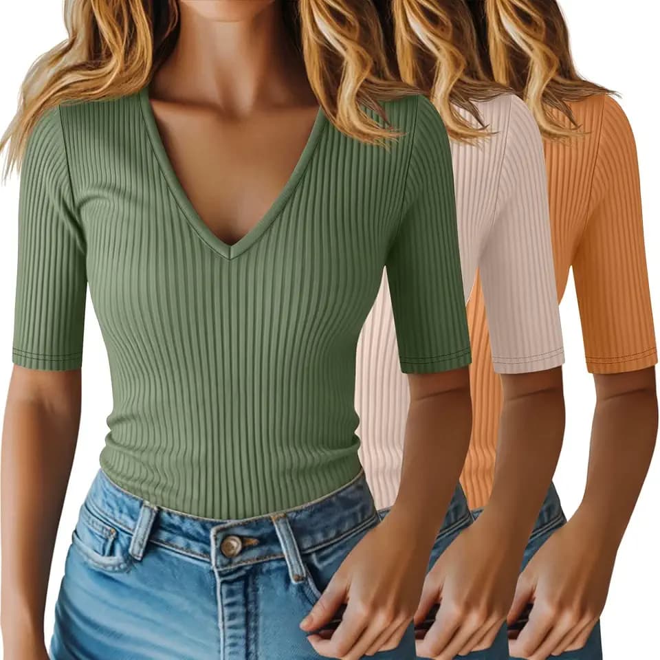 Riyiper 3 Pack Womens Half Sleeve V Neck Ribbed Tops