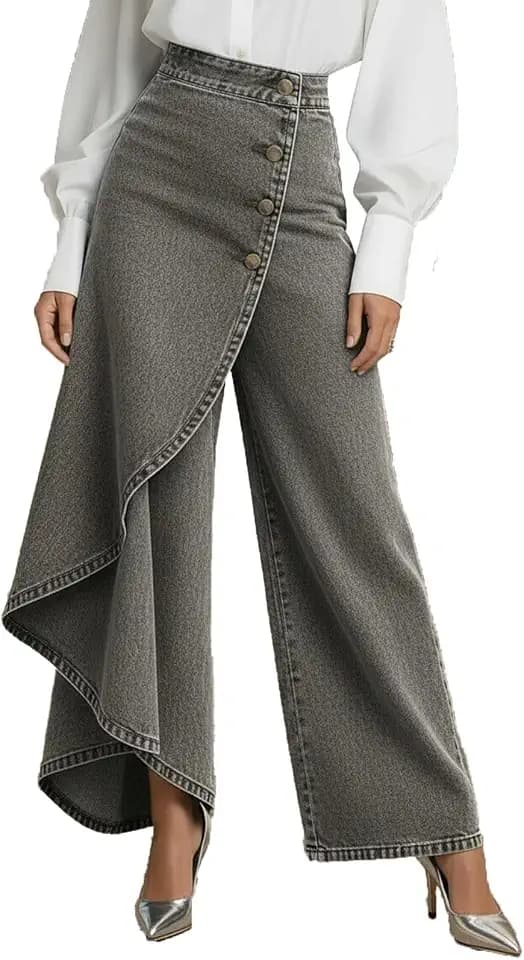 Woman Wide Leg Flowy Jeans High Waisted Asymmetrical Baggy Jeans Fashion Business Denim Pants Button Ruffle Trousers