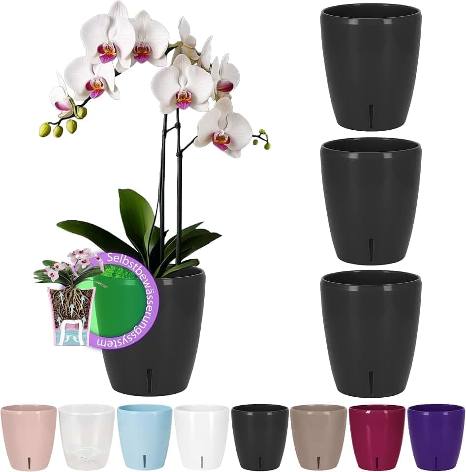 Santino 4er-Set Orchideentopf D 12cm Selbstbewässernder Topf mit Dochtsystem und Wasserstandsanzeige für den Innenbereich - Anthracite - 1,3L