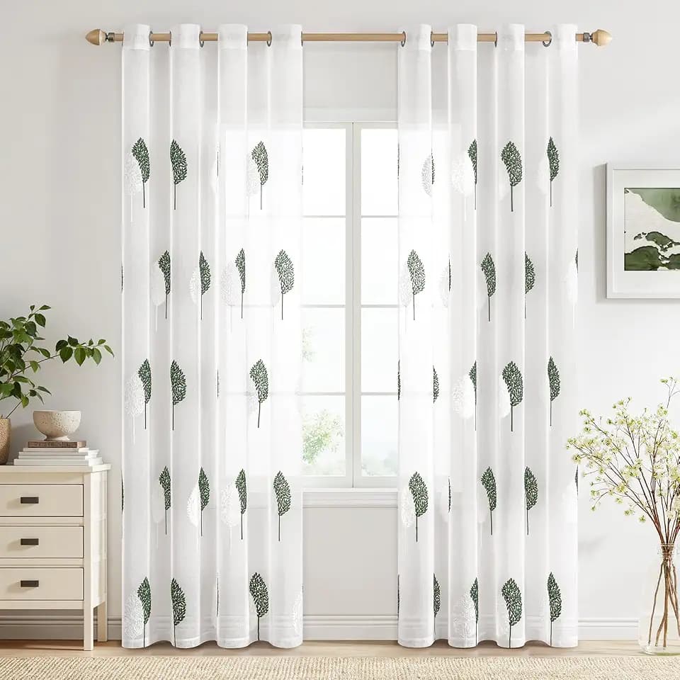 MIULEE Gardinen mit Dunkelgrün und Weiss Blätter Muster 2er Set 140x225cm