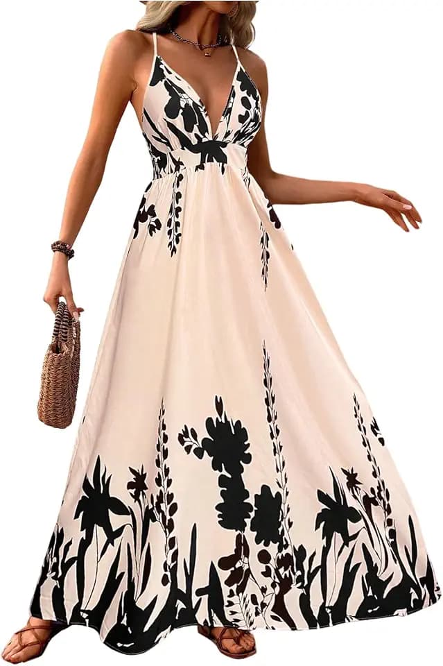 MakeMeChic Womens Beach Boho Backless Fall Flowy Maxi Wedding Guest Dress