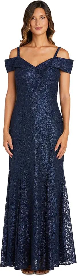 R&M Richards Women's Off The Shoulder Formal Gown - Glitter Lace Mermaid Evening Dress for Wedding Guest & Cocktail Attire