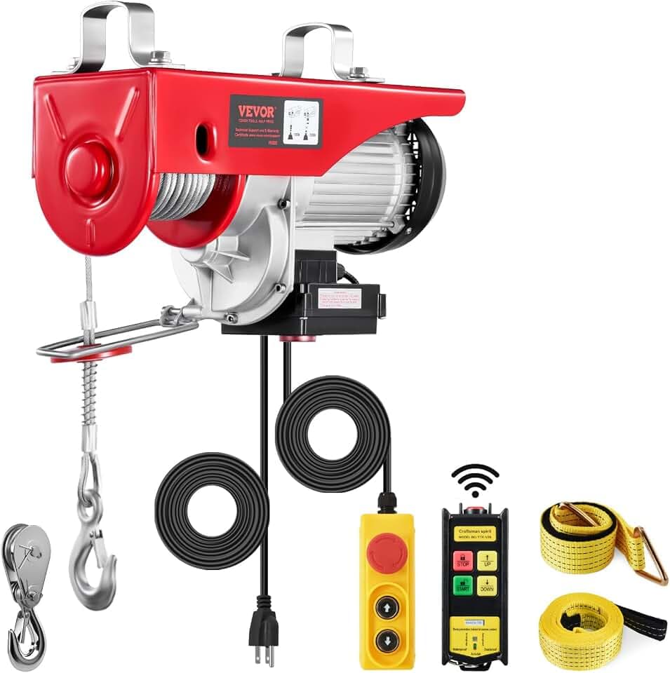 VEVOR Elektrische Seilwinde, 1000 kg, Motorwinde mit 100 m kabelloser und 4,2 m kabelgebundener Fernbedienung, 12 m Hubhöhe mit Einzelkabel, Einzel-/Doppelschlingen, Hebezeug für Garage, Lager, Fabrik