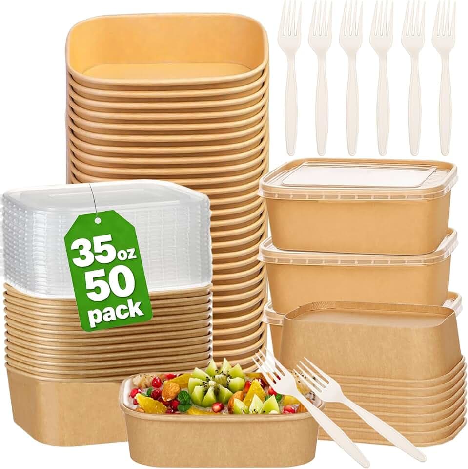 50 Pack 35Oz Disposable Meal Prep Containers With Lids and Forks-Disposable Kraft Paper Bowls-to go food containers-Microwavable and Freezer Safe Take Out Containers for Hot/Cold Food Prep and Salad