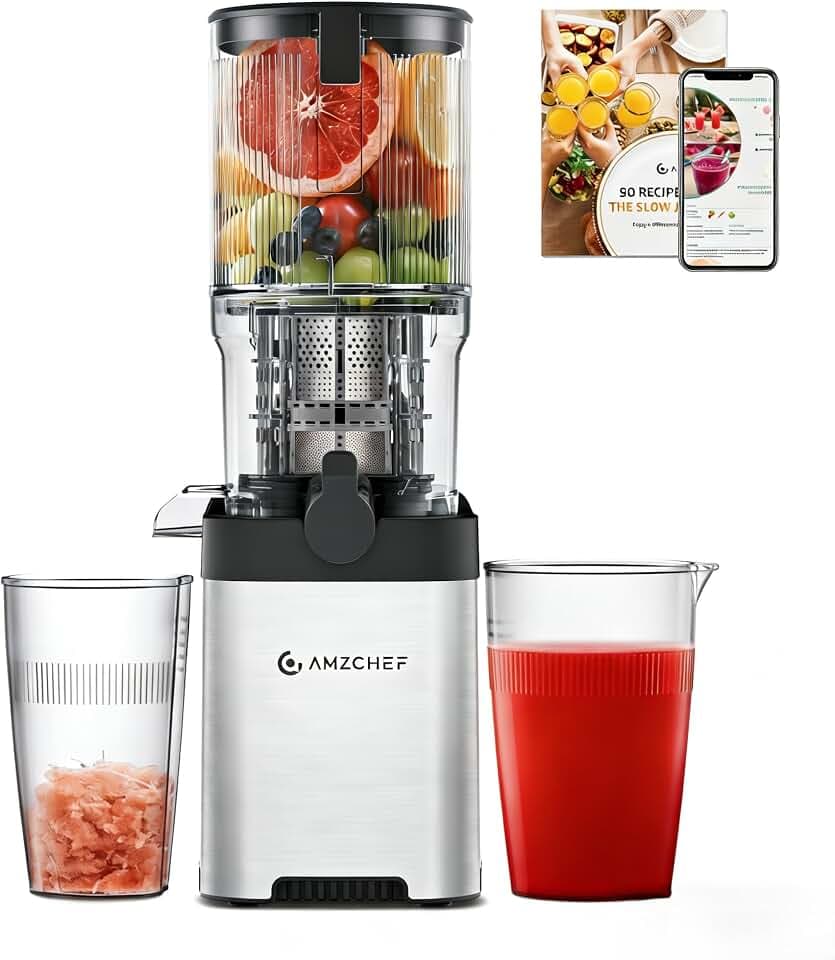 Cold Press Juicer Machine, 5.3" Extra Self-Feeding Chute for Whole Vegetables & Fruits, Large Auger & Triple Strainers, High Juice Yield, Easy to Clean, Stainless Steel Silver