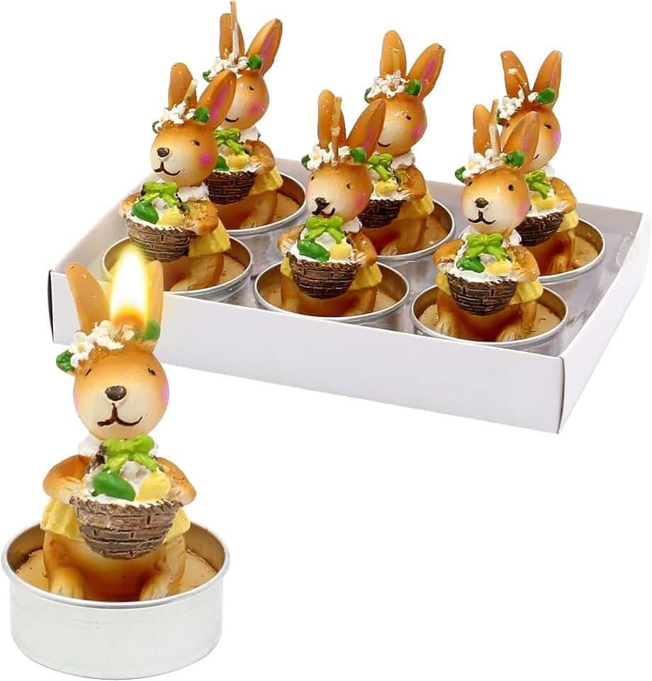 Dekohelden24 - Oster-Teelichte - Teelicht-Kerze als Osterhase mit Korb im 6er Set, Braun, Maße je Teelicht ca. 4,5 x 6 cm.