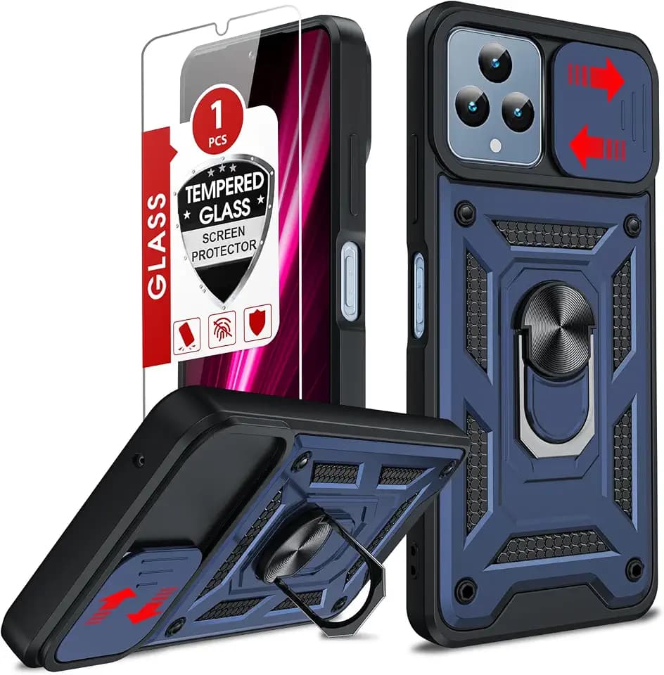 LeYi for Revvl 6 Phone Case 5G, T-Mobile Revvl 6X 5G Phone Case: Slide Camera Cover and Tempered Glass Screen Protector, Heavy Duty Shockproof Rugged Funda with Magnetic Ring Kickstand, Blue